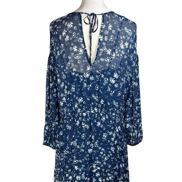Free People Navy White Floral Long Sleeve Back Tie Blouson Bohemian Midi Dress - Picture 10 of 16